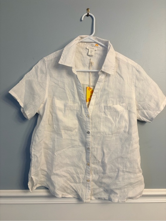 C&C California Tops - C&C California White Cropped Short Sleeve Linen Button-Down Shirt Blouse Top